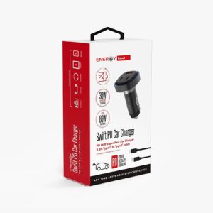 מטען רכב ENERGY Swift 2C+1A PD66W with C to L 0.8M שחור - כולל כבל טייפ C